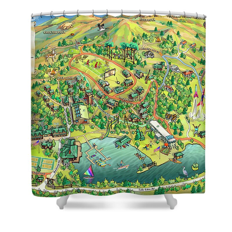 Camp Rockmont Map Illustration Shower Curtain featuring the digital art Camp Rockmont Map Illustration by Maria Rabinky