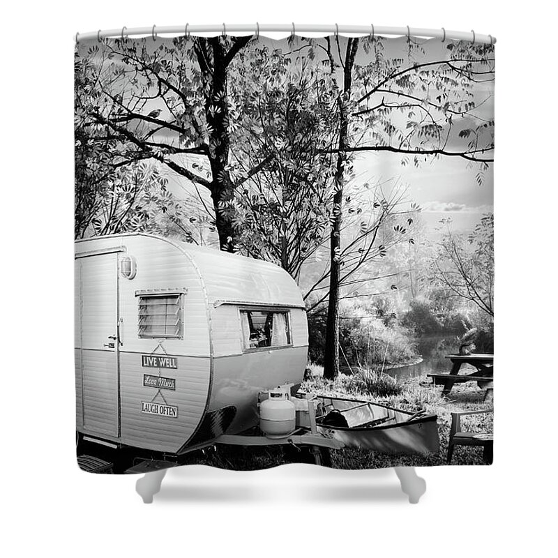 White Shower Curtain featuring the photograph Camping at the Creek Black and White by Debra and Dave Vanderlaan