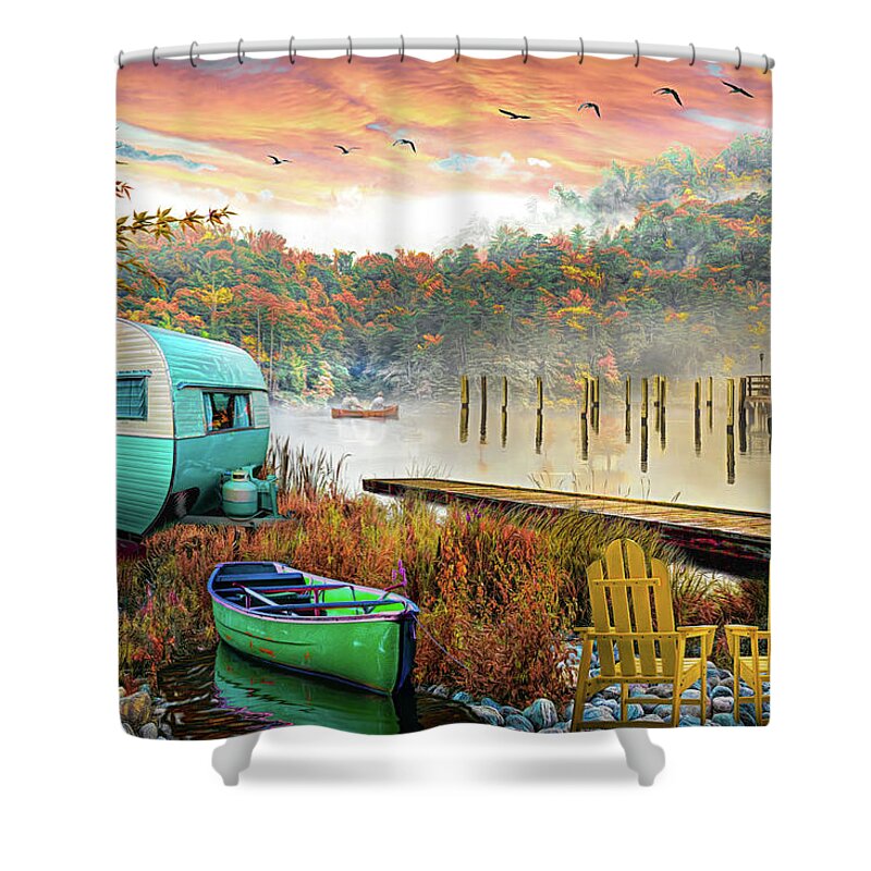Camper Shower Curtain featuring the digital art Camping at the Lake in Autumn by Debra and Dave Vanderlaan