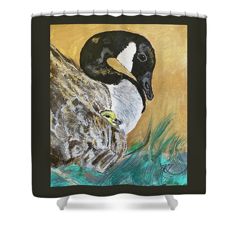 Goose Shower Curtain featuring the painting Canada Goose and Gosling by Melody Fowler