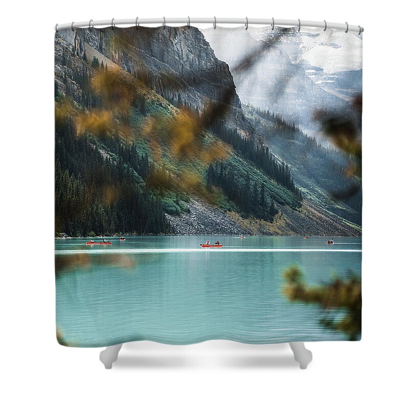  Shower Curtain featuring the photograph Canoe at Lake Louise by William Boggs