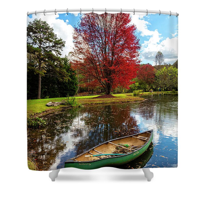 Boats Shower Curtain featuring the photograph Canoe at the Red Maple Tree by Debra and Dave Vanderlaan