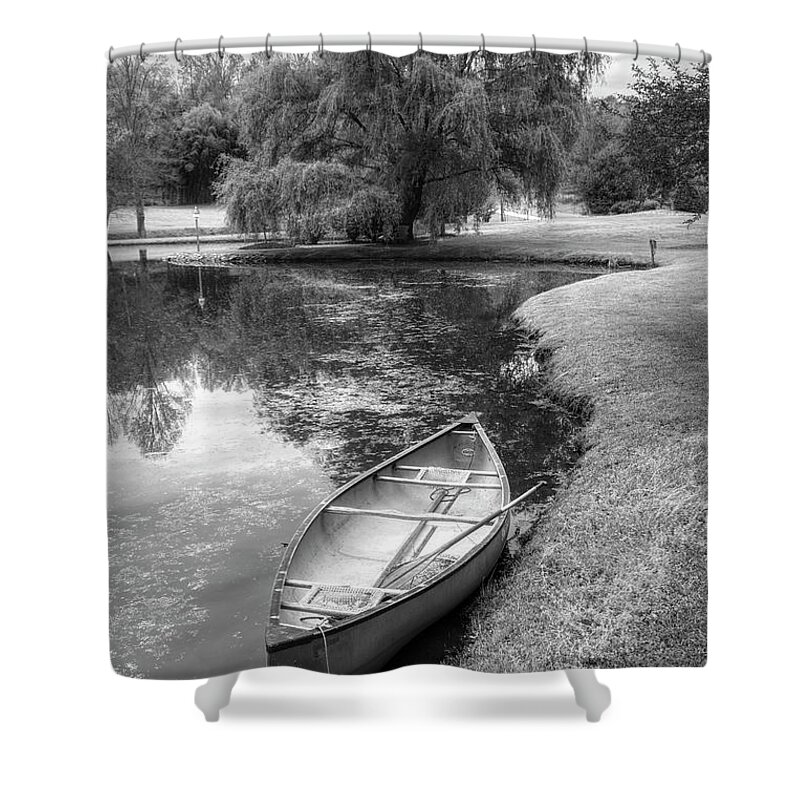 Boats Shower Curtain featuring the photograph Canoe in Spring in Black and White by Debra and Dave Vanderlaan