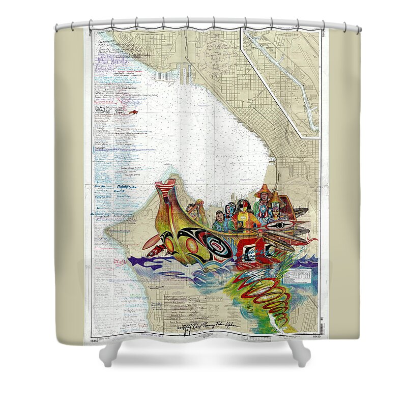 Canoe Journey Shower Curtain featuring the drawing Canoe Journey Seattle by Running Fisher