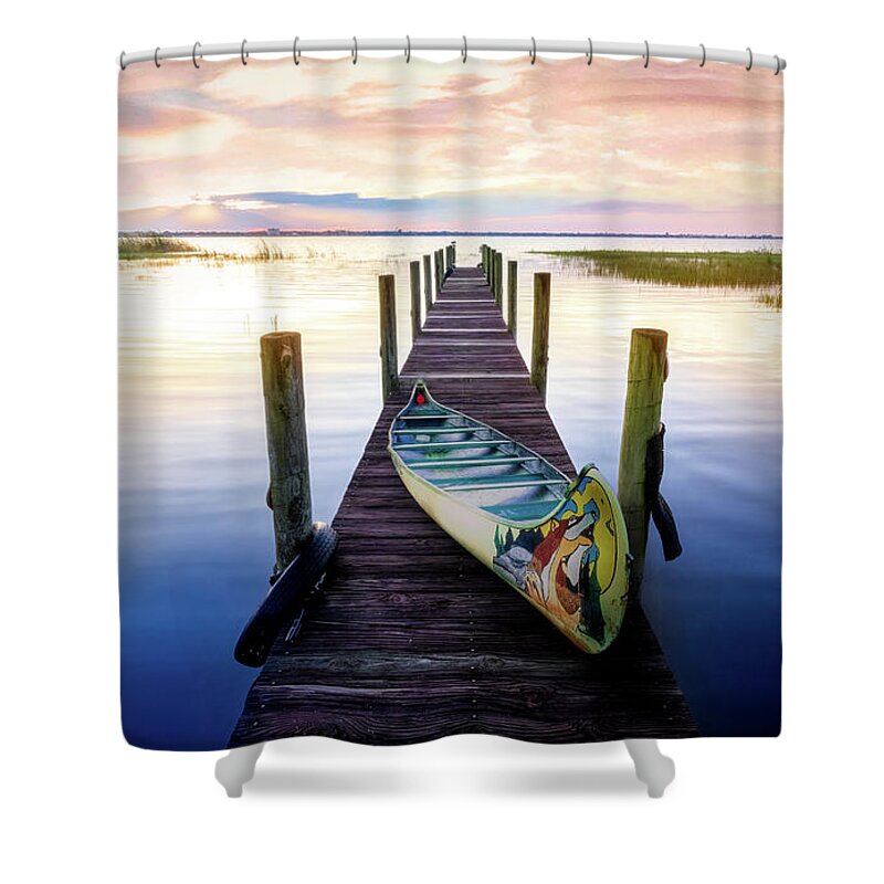 Dock Shower Curtain featuring the photograph Canoe on the Dock by Debra and Dave Vanderlaan