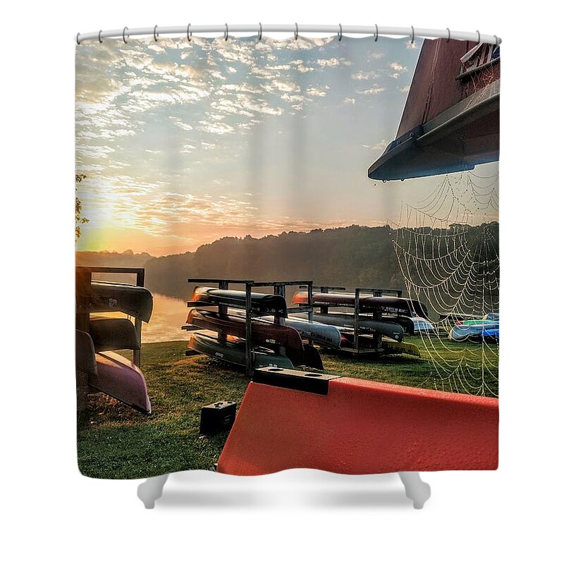  Shower Curtain featuring the photograph Canoes and Spiders at Dawn by Brad Nellis