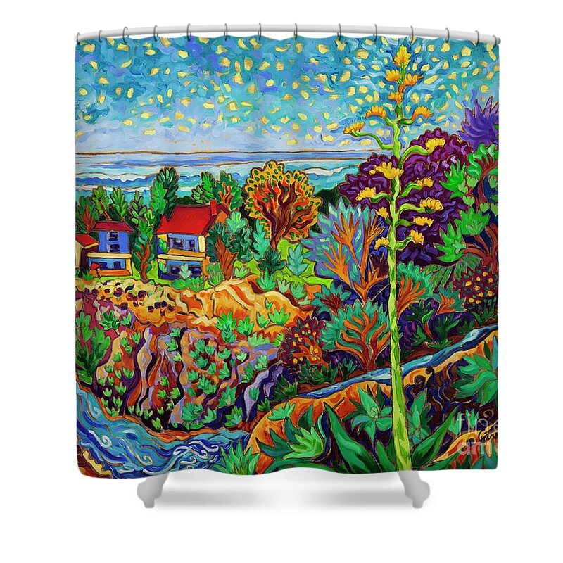Landscape Shower Curtain featuring the painting Canyon by the Sea by Cathy Carey