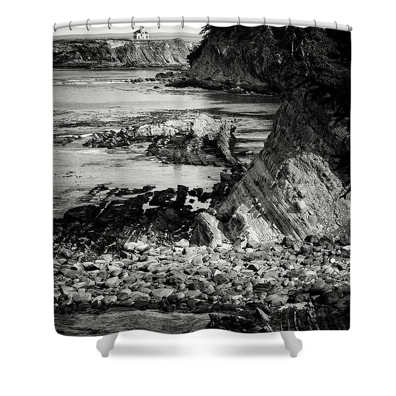 Cape Arago Shower Curtain featuring the photograph Cape Arago Lighthouse 2 BW by Al Andersen
