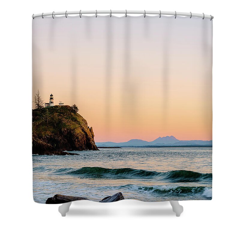 Outdoor; Sunset; Light House; Wave; Cliff; Columbia River; Washington Beauty; Cape Disappointment State Park; Pnw; Shower Curtain featuring the digital art Cape Disappointment Lighthouse by Michael Lee