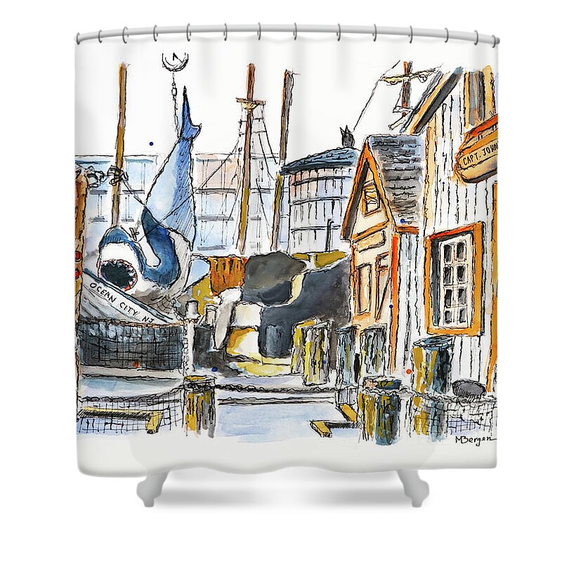Shark Shower Curtain featuring the drawing Capt John's Boat Works NJ by Mike Bergen