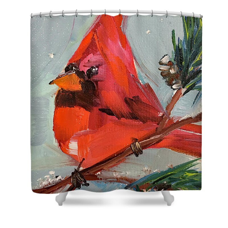 Cardinal Shower Curtain featuring the painting Cardinal in a Fir Tree by Roxy Rich