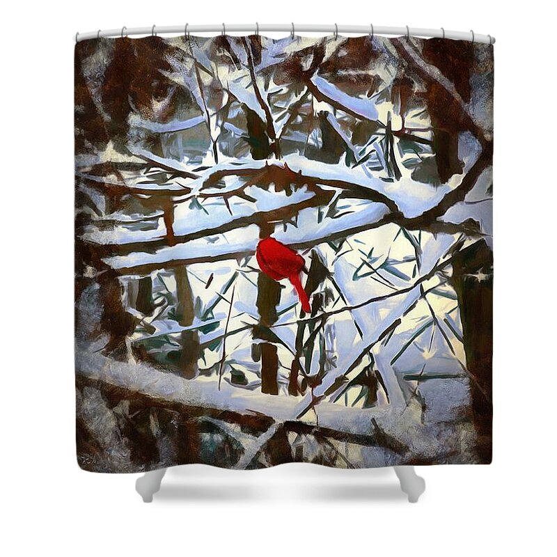 Cardinal Shower Curtain featuring the mixed media Cardinal in the Snowy Trees by Christopher Reed