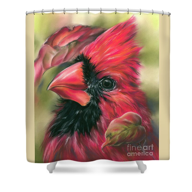 Bird Shower Curtain featuring the painting Cardinal Songbird with Autumn Dogwood Leaves by MM Anderson