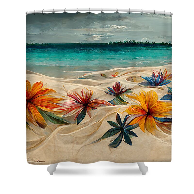 Caribbean Flowers Over The Sand Beach Patternco E7ad5610 D1b8 4655 B5bf 21b3b776b22a By Asar Studios Creativity Shower Curtain featuring the painting Caribbean flowers over the sand beach patternco e7ad5610 d1b8 4655 b5bf 21b3b776b22a by A by Celestial Images