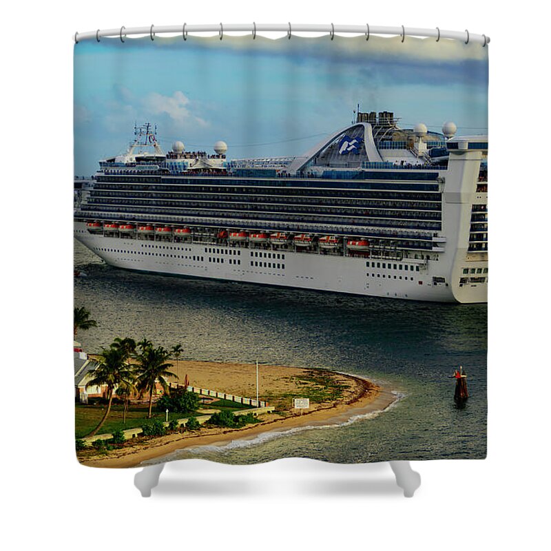 Cruise Ship; Skies; Clouds; Water; Landscape; Color; Travel Shower Curtain featuring the photograph Caribbean Princess #1 by AE Jones
