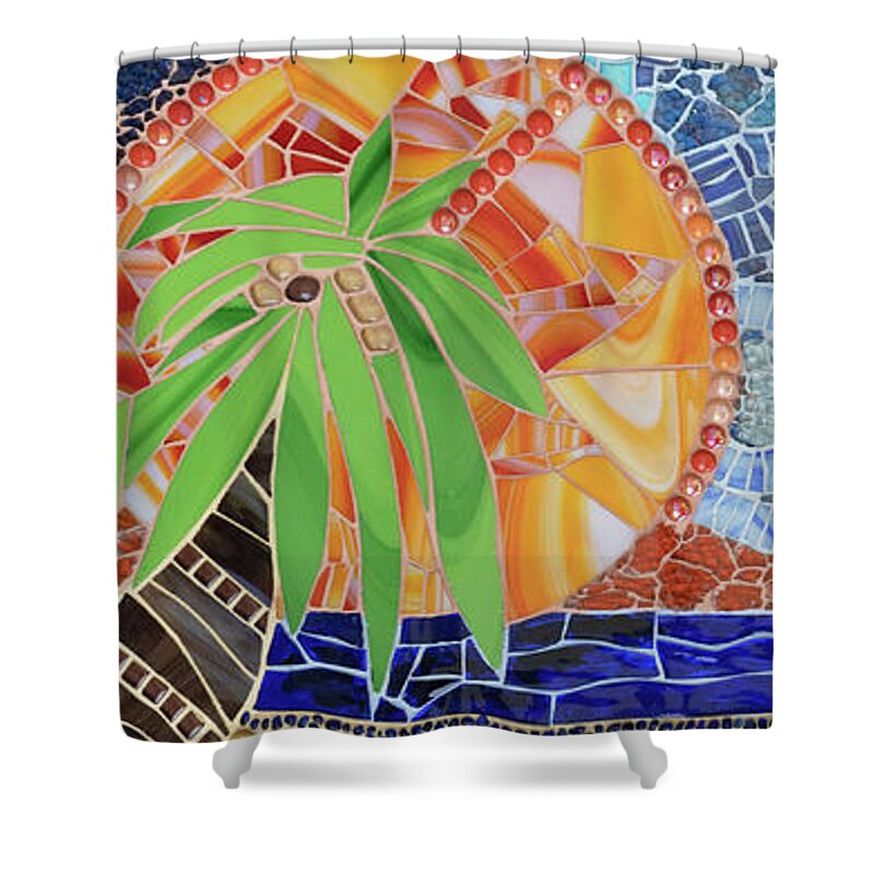 Caribbean Shower Curtain featuring the mixed media Caribbean Sunset mosaic by Adriana Zoon