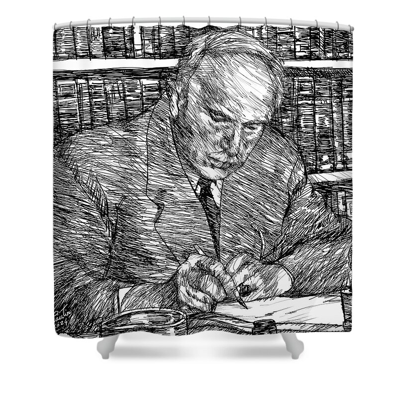 Carl Jung Shower Curtain featuring the drawing CARL JUNG - ink portrait .4 by Fabrizio Cassetta