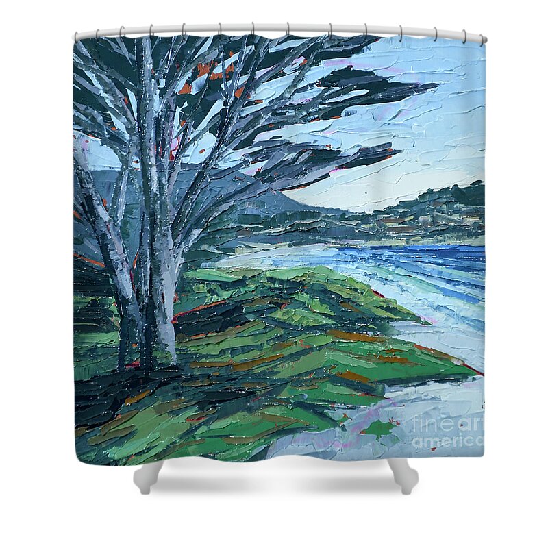 Monterey Shower Curtain featuring the painting Carmel Beach by PJ Kirk