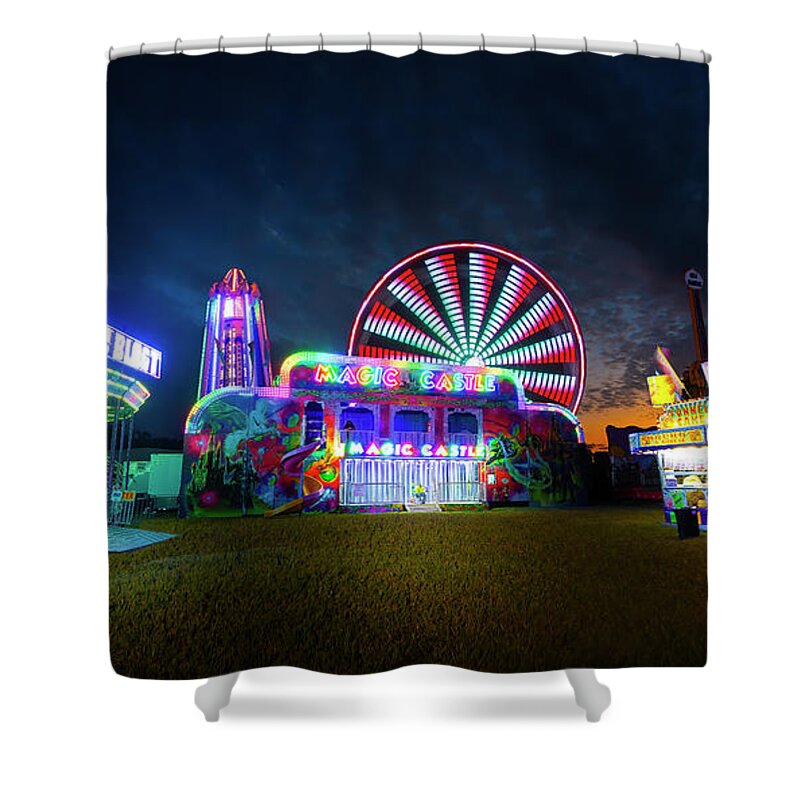 Swing Ride Shower Curtain featuring the photograph Carnival Lights and Midway Delights by Mark Andrew Thomas