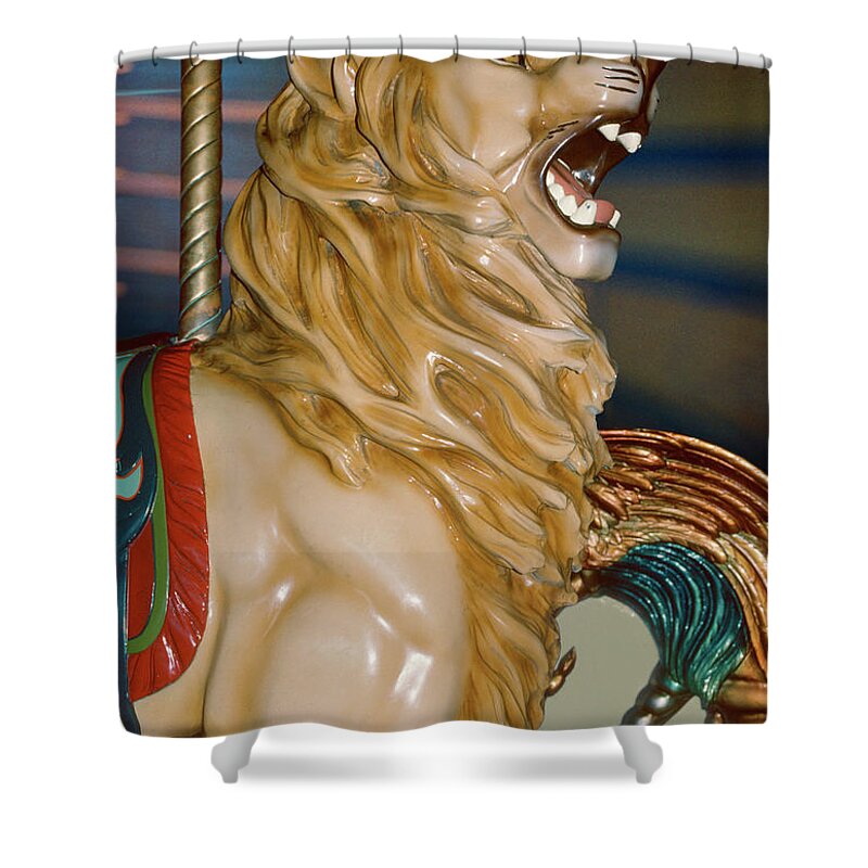 Carousel Shower Curtain featuring the photograph carousel animals prints - Carousel Lion by Sharon Hudson