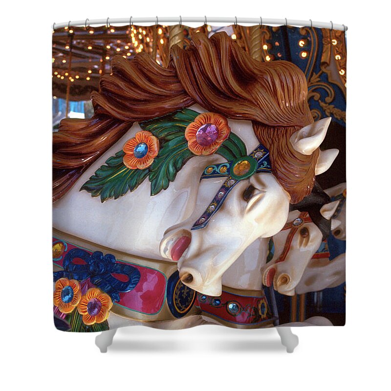 Carousel Shower Curtain featuring the photograph carousel horses colorful photograph - Romping Redhead by Sharon Hudson