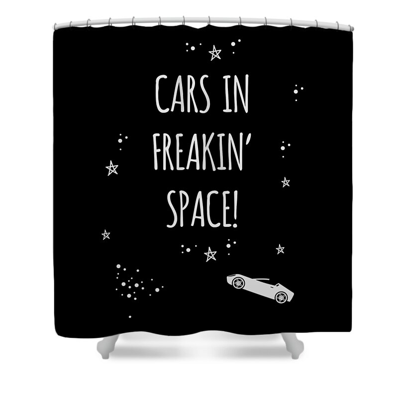 Funny Shower Curtain featuring the digital art Cars In Freakin Space by Flippin Sweet Gear