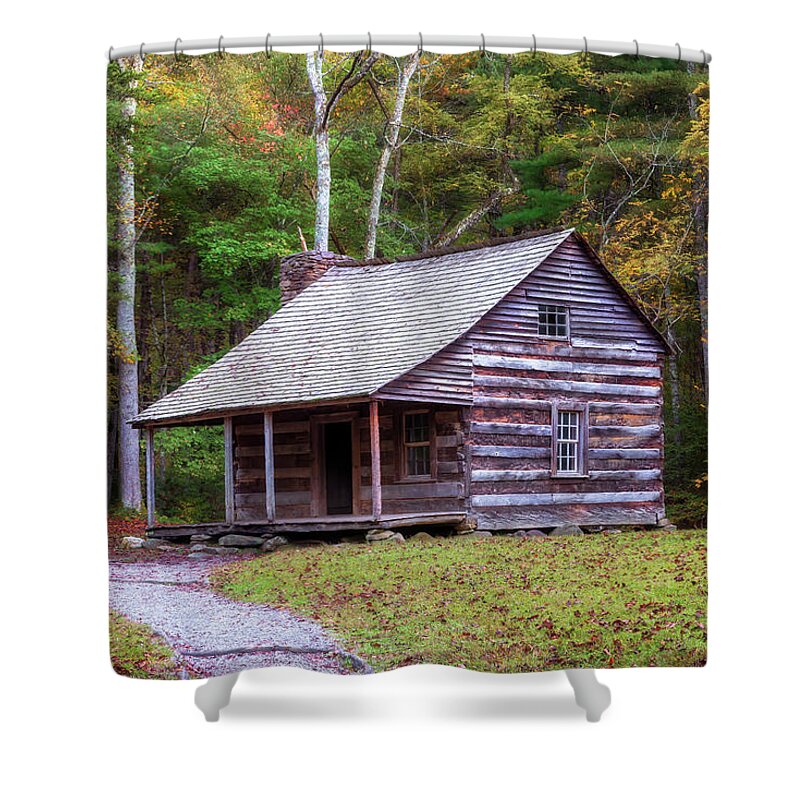 Smoky Mountains Shower Curtain featuring the photograph Carter Shields Cabin in Autumn - Smoky Mountains by Susan Rissi Tregoning