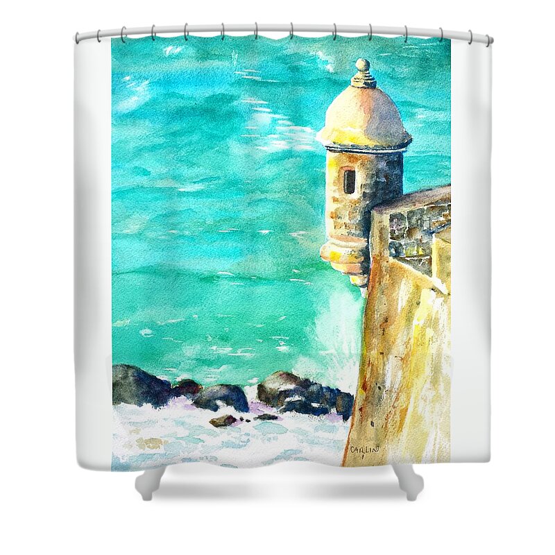 Puerto Rico Shower Curtain featuring the painting Castillo de San Cristobal Ocean Sentry by Carlin Blahnik CarlinArtWatercolor