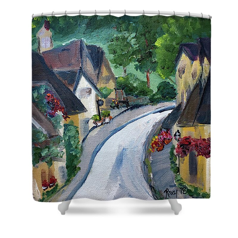 Castle Combe Shower Curtain featuring the painting Castle Combe view from Town Square by Roxy Rich
