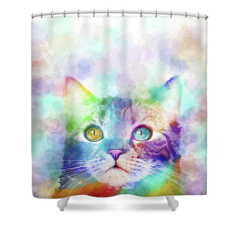 Cat Shower Curtain featuring the digital art Cat 663 multicolor cat by artist Lucie Dumas by Lucie Dumas