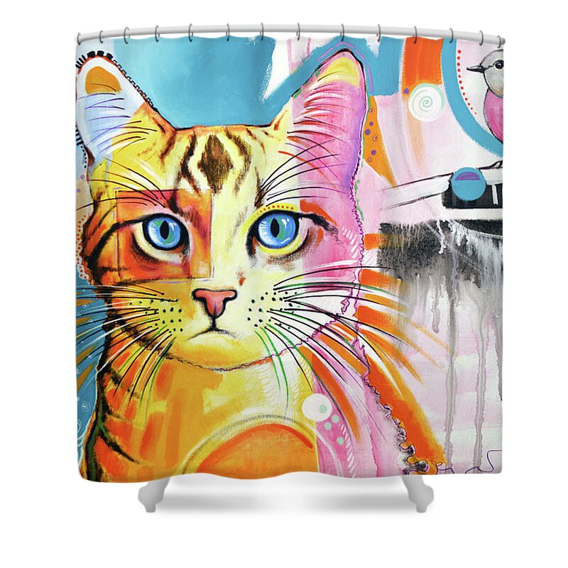 Cat Art Shower Curtain featuring the painting Cat and Bird by Amy Giacomelli