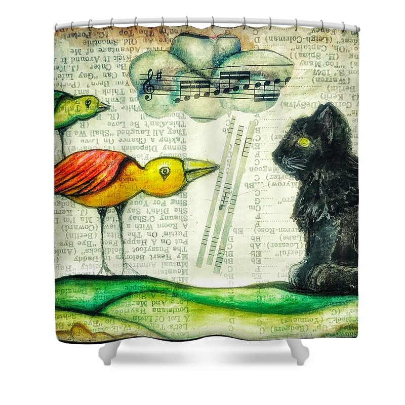 Birds Shower Curtain featuring the digital art Cat Bird by Delight Worthyn