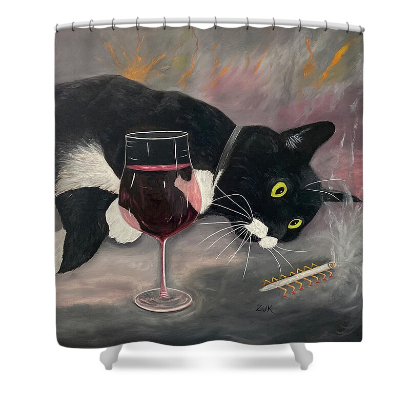 Funny Tuxedo Cat Shower Curtain featuring the painting Cat Dreaming by Karen Zuk Rosenblatt