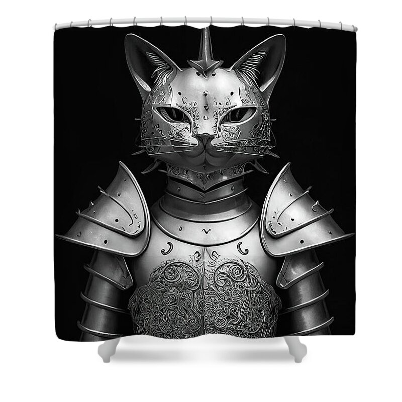 Cat Shower Curtain featuring the digital art Cat Knight Portrait 04 Black and White by Matthias Hauser