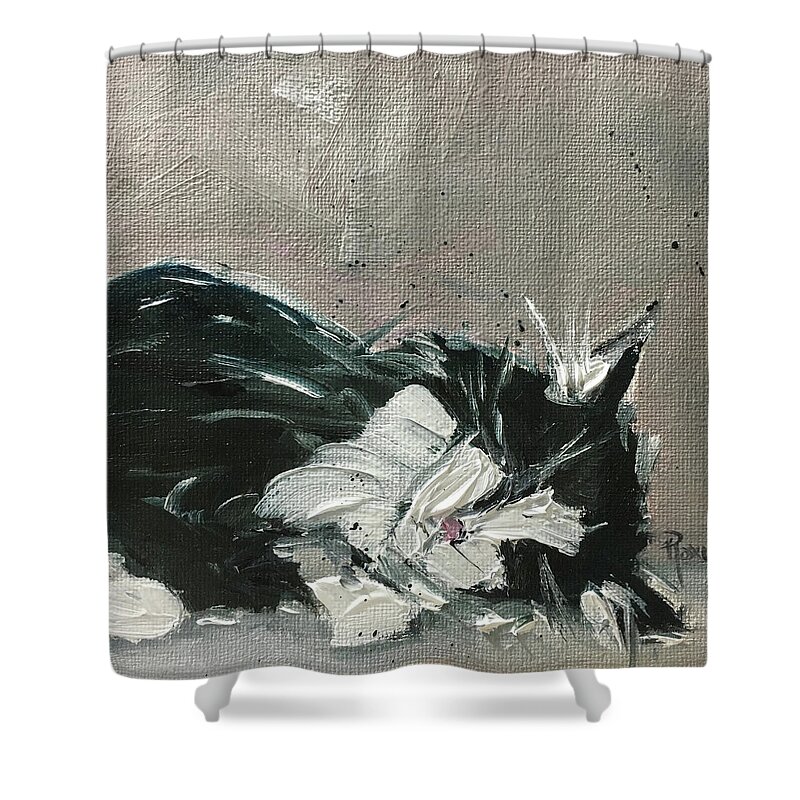 Black And White Cat Shower Curtain featuring the painting Cat Nap by Roxy Rich