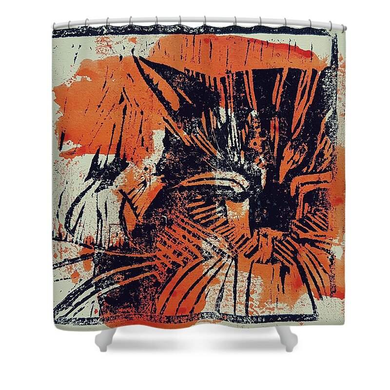 Cat Shower Curtain featuring the relief Cat - Orange by Paul Lovering