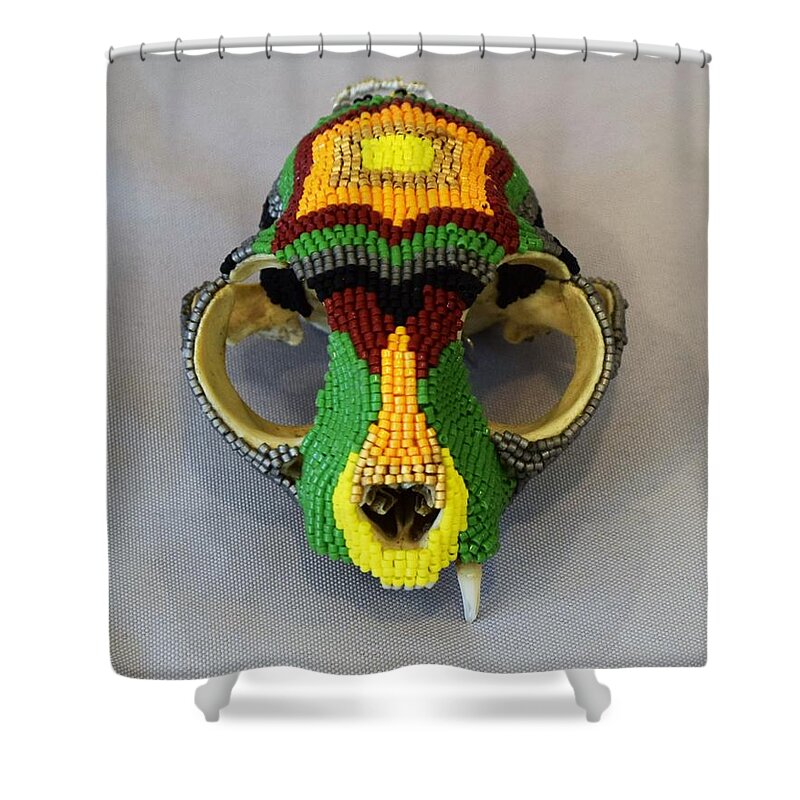 Skull Shower Curtain featuring the mixed media Cat Skull by Charla Van Vlack