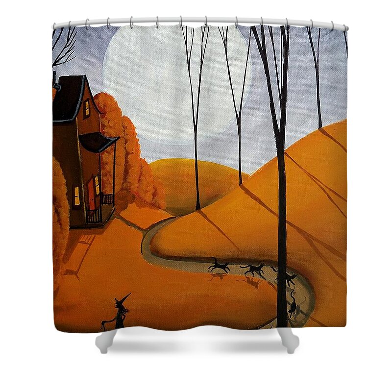 Witch Shower Curtain featuring the painting Cat Walk witch moon by Debbie Criswell