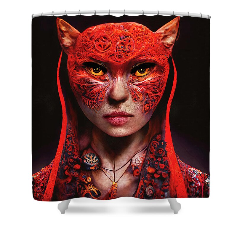 Warriors Shower Curtain featuring the digital art Cat Woman Warrior Wearing Red by Peggy Collins