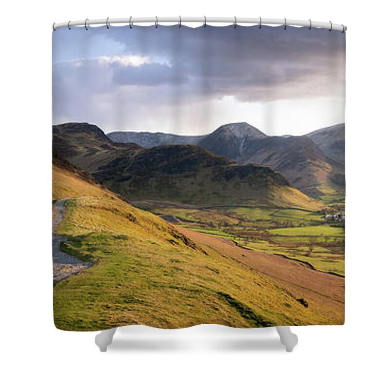 Panorama Shower Curtain featuring the photograph Catbells Hiking trail in the Lake District England by Sonny Ryse