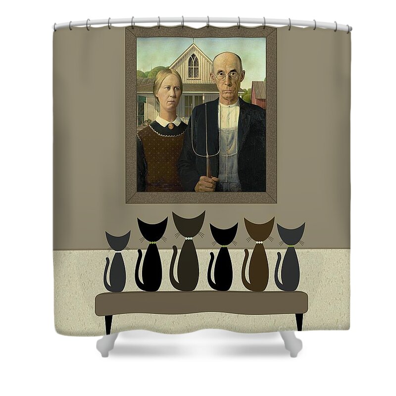 Grant Wood Shower Curtain featuring the digital art Cats Contemplate American Gothic by Donna Mibus