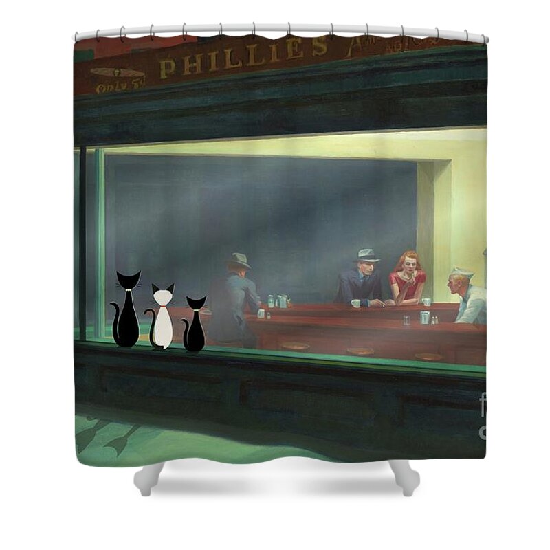 Nighthawks Shower Curtain featuring the digital art Cats Peer Into Nighthawks Diner by Donna Mibus