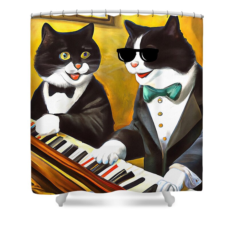 Funny Shower Curtain featuring the digital art Cats Playing the Piano by Caterina Christakos