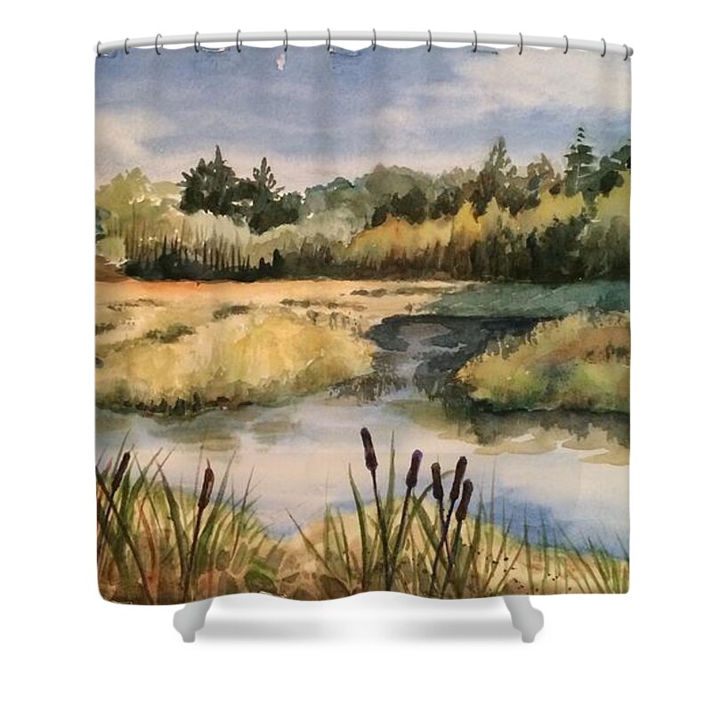 Cattail Shower Curtain featuring the painting Cattail Heaven by Barbara Parisien