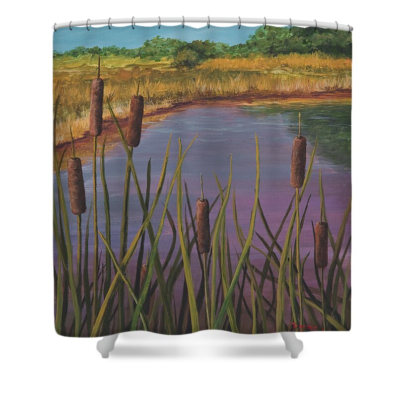 Landscape Shower Curtain featuring the painting Cattails by Darice Machel McGuire