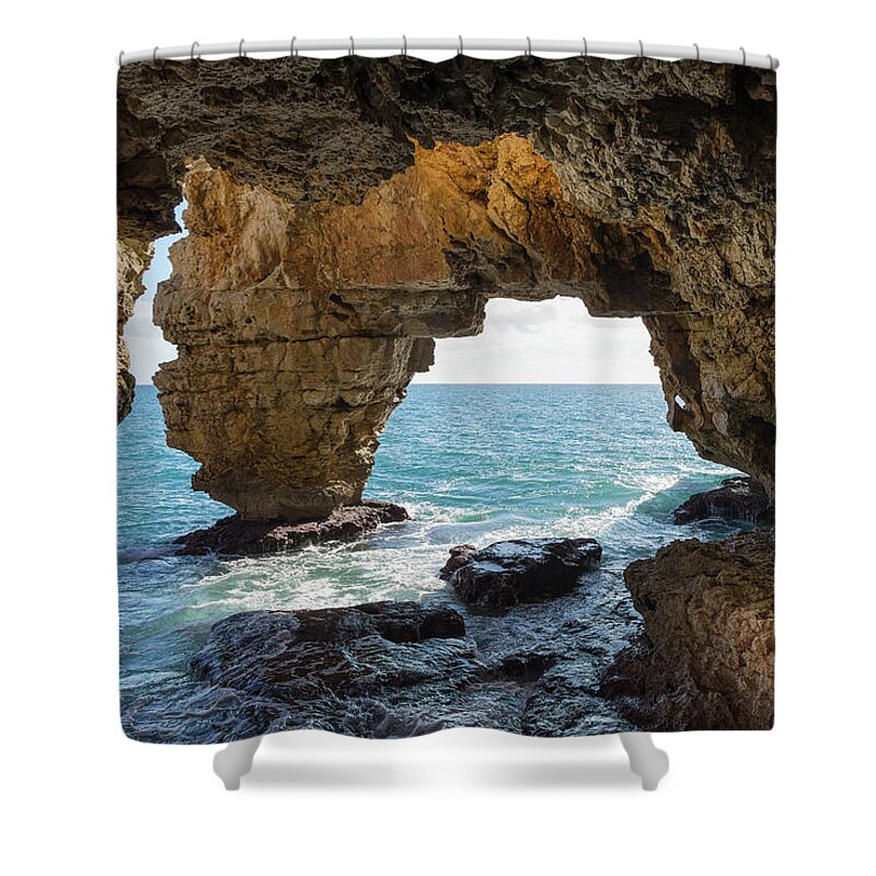 Coast Shower Curtain featuring the photograph Cave on the Mediterranean coast, Cova del Arcs by Adriana Mueller