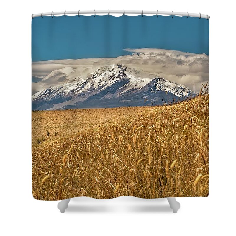 Andes Shower Curtain featuring the photograph Cayambe and Andes Paramo by Henri Leduc