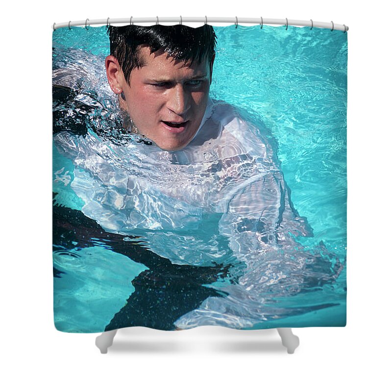 Dv8ca Shower Curtain featuring the photograph Caz in the pool, suited by Jim Whitley