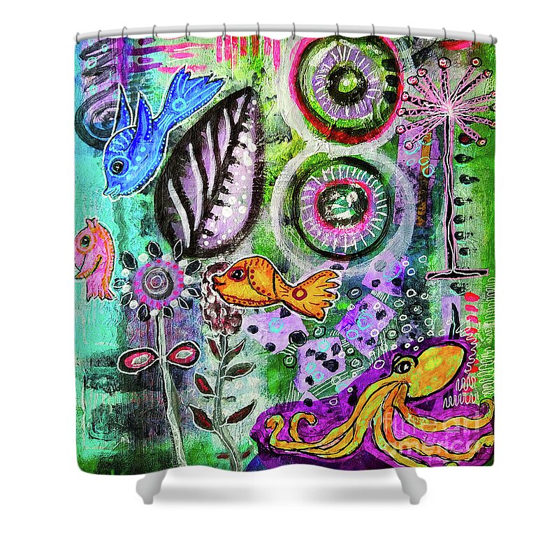 Deep Sea Shower Curtain featuring the mixed media Cedric Octopus Sitting in a Cloud of Deep Violet Ink by Mimulux Patricia No