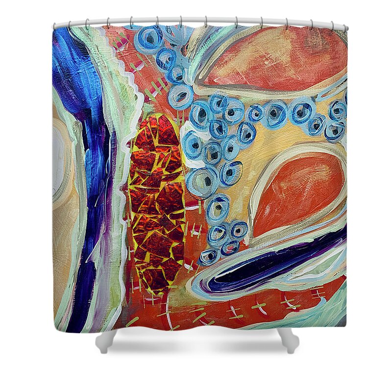 Mixed Media Shower Curtain featuring the mixed media Cellular Rebirth Abstract With Orange Glass Shards by Debra Amerson